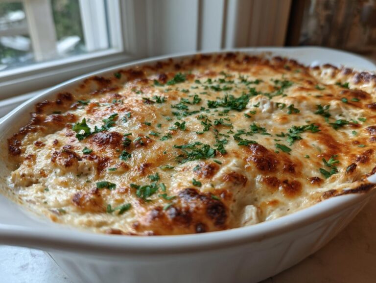 A close-up of a freshly baked hot crab dip in a white oval dish, featuring a bubbly, golden-brown cheese crust and fresh parsley.