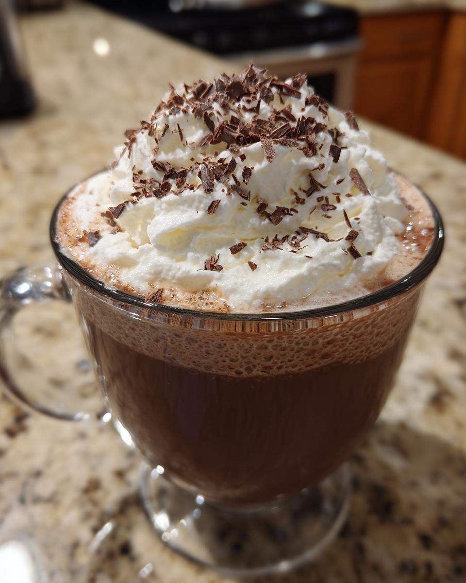 Close-up of a mug of rich boozy hot chocolate topped with whipped cream and chocolate shavings.