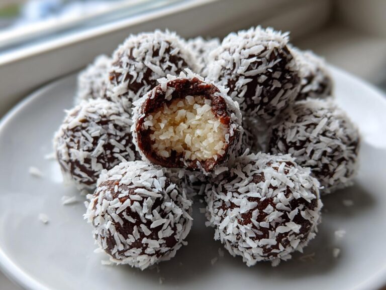 A pile of rich, dark chocolate coconut balls coated in shredded coconut, one cut open showing the white coconut filling.