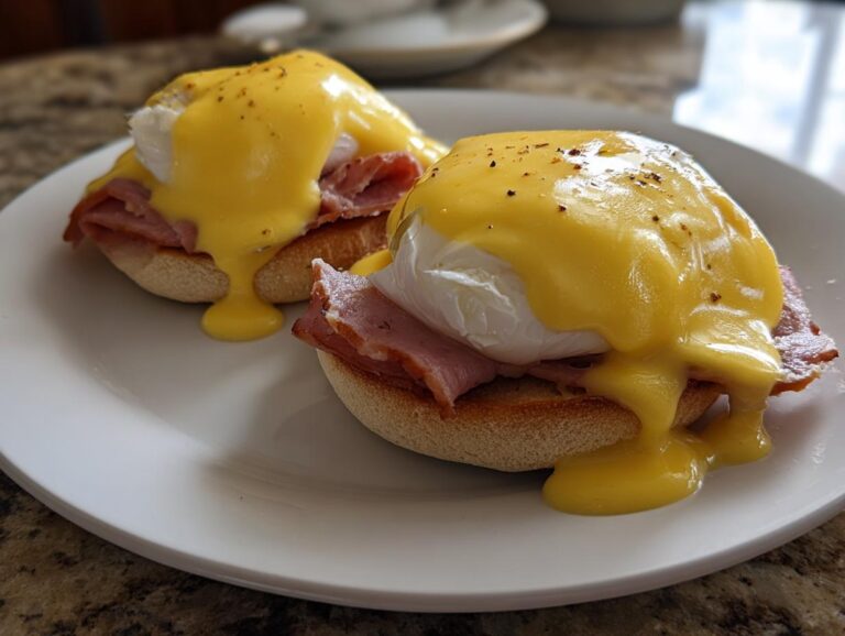 Two servings of classic eggs benedict featuring poached eggs, ham, and rich hollandaise sauce on toasted English muffins.