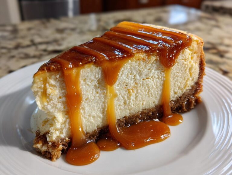 A thick slice of creamy salted caramel cheesecake with rich caramel sauce dripping down the sides onto a white plate.