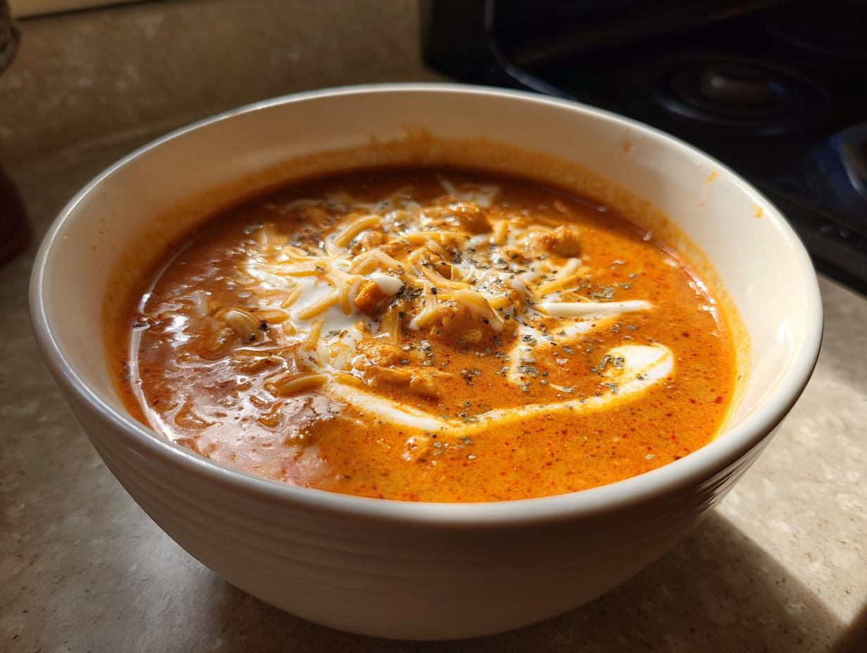A close-up of a creamy, orange-red bowl of buffalo chicken chili topped with shredded cheese, sour cream swirl, and herbs.