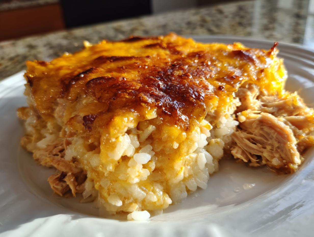 Close-up of a serving of baked chicken and rice casserole with a golden, bubbly cheese topping.