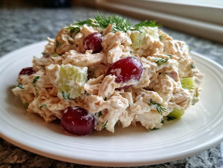 A mound of creamy greek yogurt chicken salad mixed with red grapes and celery, garnished with fresh dill.