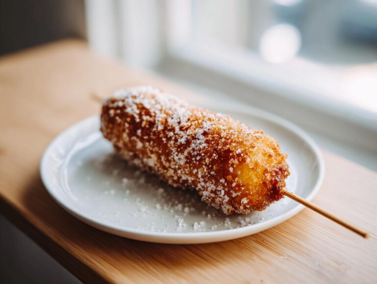A golden-fried korean corn dog coated in granulated sugar, served on a white plate.