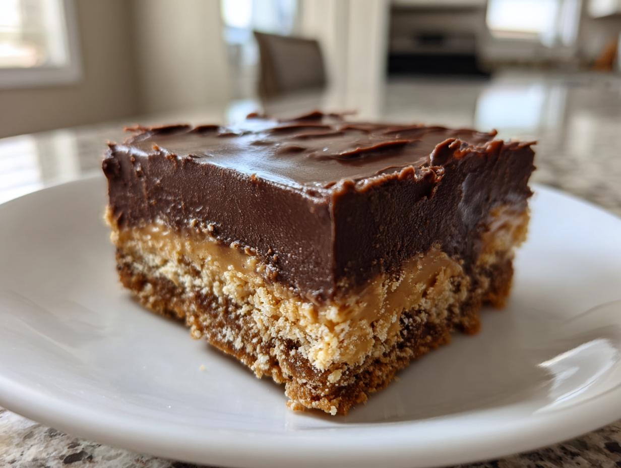 Close-up of a thick slice of lunch lady peanut butter bars with a chocolate topping on a white plate.