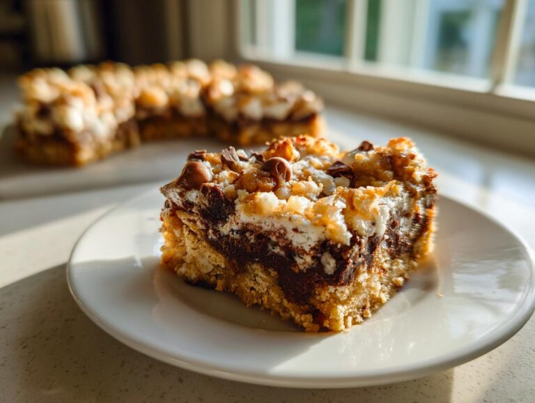 A single serving of rich, layered magic cookie bars sits on a white plate, catching sunlight near a window.