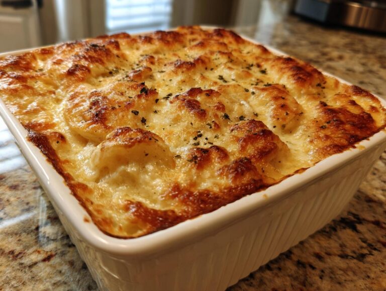 Close-up of golden-brown, bubbly potatoes au gratin baked in a white square casserole dish.