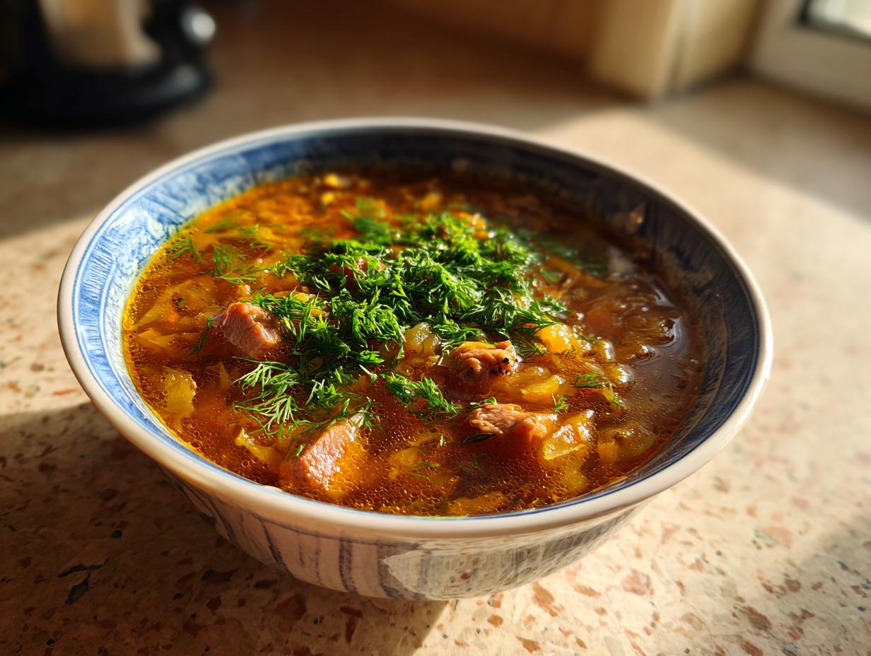 A close-up of a steaming bowl of rich, brown sauerkraut soup topped generously with fresh green dill.