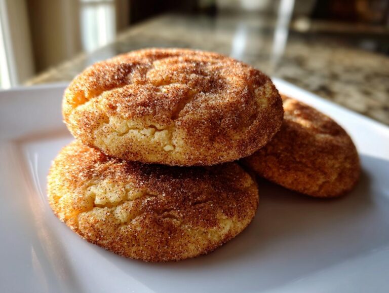 Close-up of three soft, chewy snickerdoodle cookies generously coated in cinnamon sugar, stacked on a white plate.
