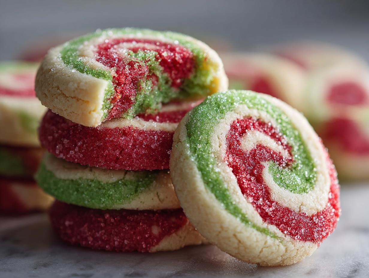 A stack of festive red, green, and white pinwheel cookies coated in sparkling sugar.