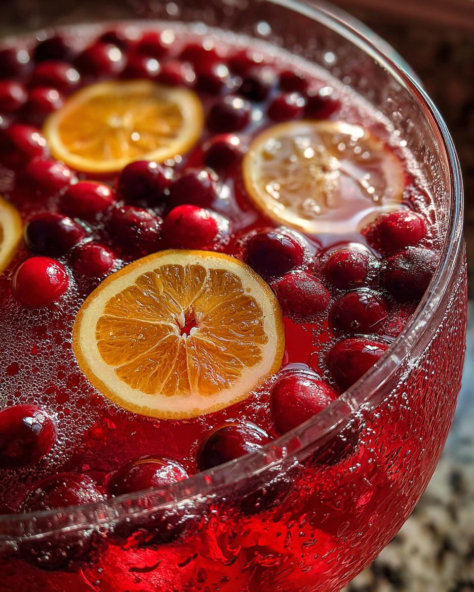 Close-up of a vibrant red thanksgiving punch garnished with floating whole cranberries and bright orange slices.