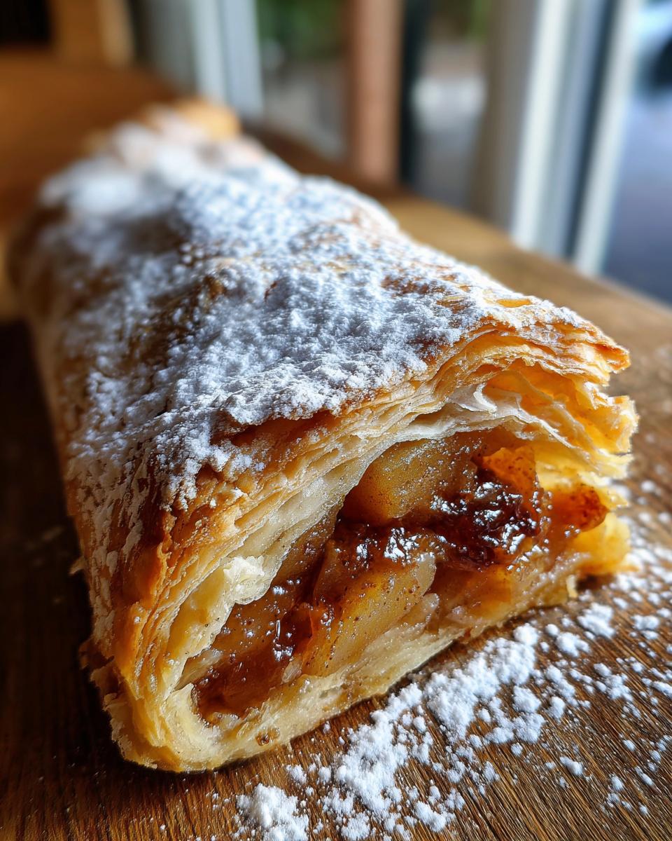 Close-up of a flaky, golden brown apple strudel slice dusted heavily with powdered sugar.