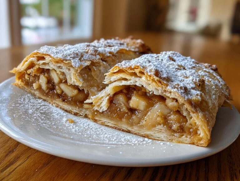 Two slices of flaky apple strudel filled with spiced apples, dusted generously with powdered sugar.