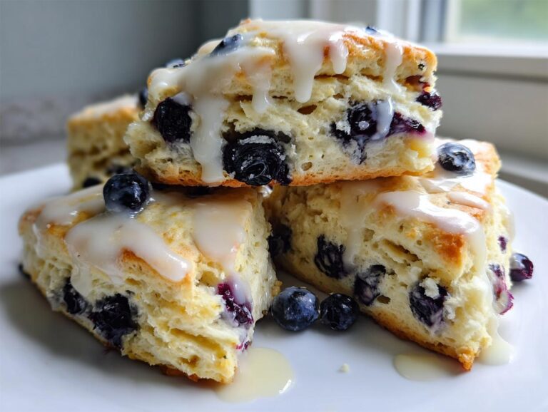 Close-up of three flaky blueberry scones stacked and drizzled generously with white vanilla glaze.