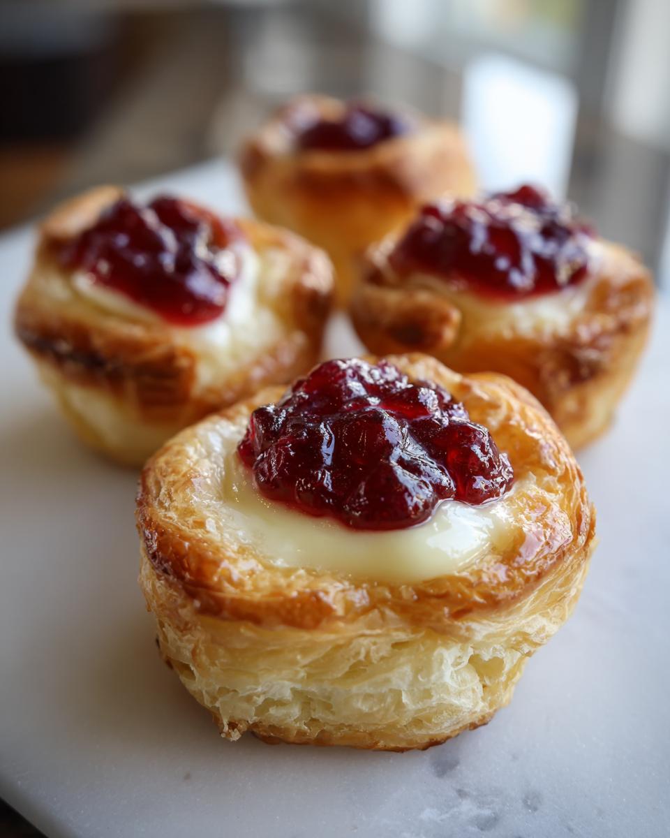 Close-up of four golden, flaky pastry cups filled with melted brie and topped with glistening cranberry jam, perfect cranberry brie bites.