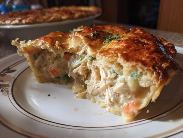 Cross-section of a homemade turkey pot pie showing shredded turkey, carrots, peas, and creamy sauce under a golden, flaky crust.