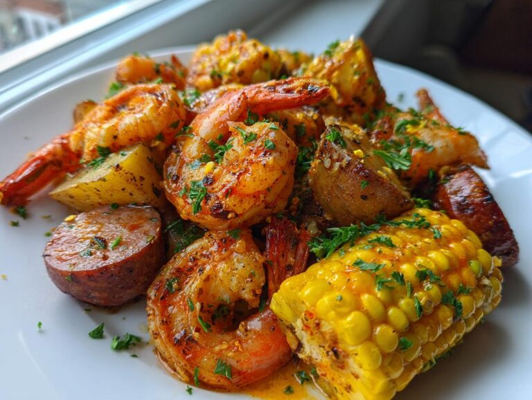 Close-up of a delicious shrimp boil featuring seasoned shrimp, corn on the cob, sausage, and potatoes, garnished with parsley.