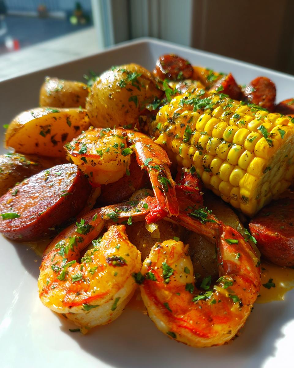 Close-up of a serving of shrimp boil featuring seasoned shrimp, corn on the cob, sausage, and potatoes, garnished with parsley.
