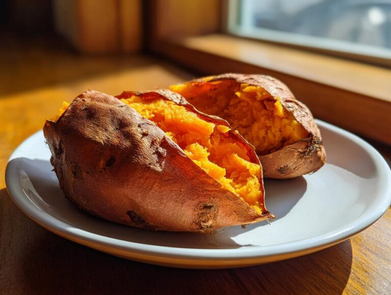Two halves of a fluffy baked sweet potatoes sitting on a white plate, illuminated by sunlight.