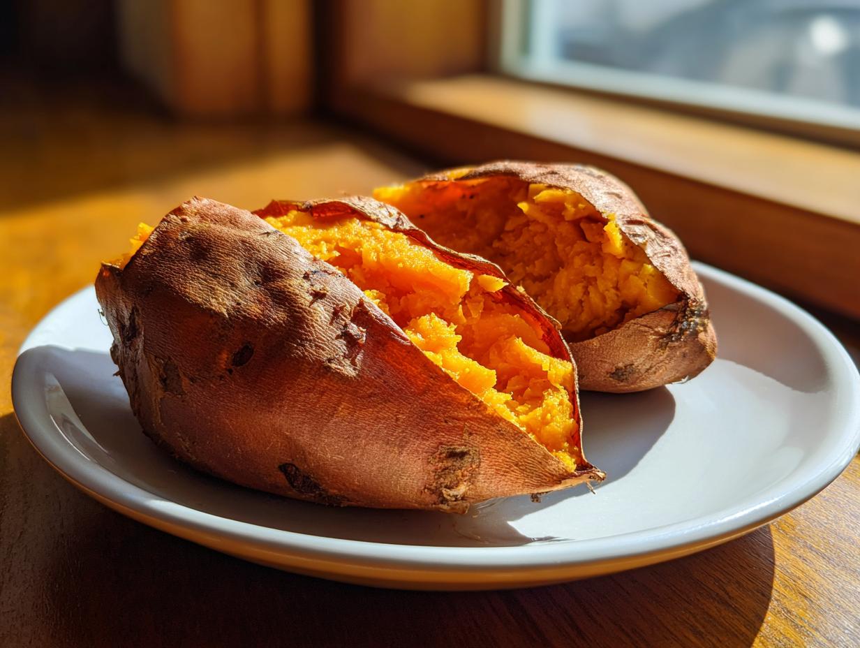 Two halves of a fluffy baked sweet potatoes sitting on a white plate, illuminated by sunlight.