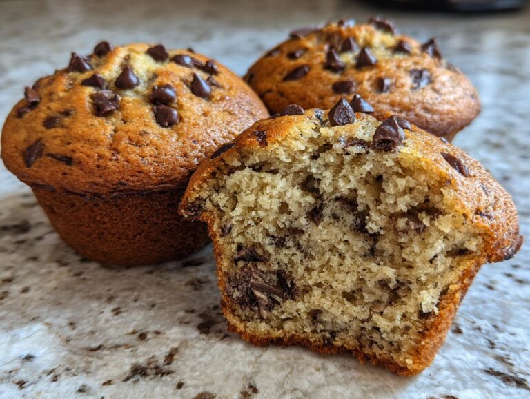 Close-up of fluffy banana chocolate chip muffins, one cut open showing the moist interior and chocolate chunks.