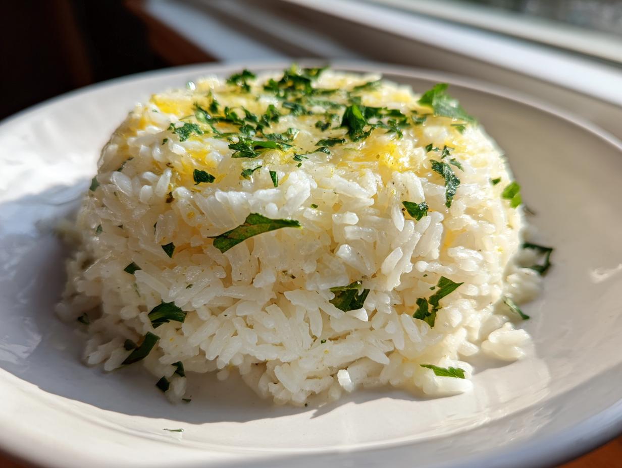 A mound of fluffy white butter rice seasoned with melted butter and fresh chopped parsley on a white plate.