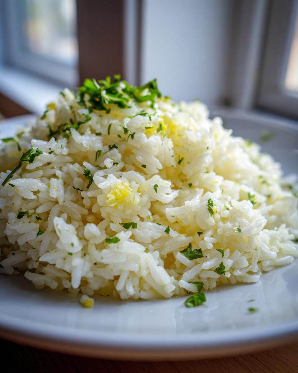 A close-up of fluffy white butter rice mixed with yellow zest and topped generously with chopped fresh parsley.