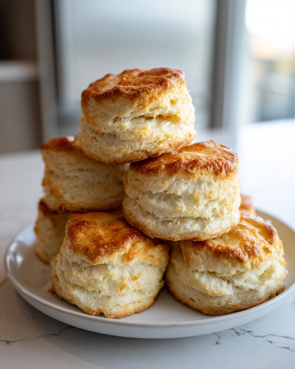 A stack of freshly baked, golden-brown buttermilk biscuits piled high on a white plate.