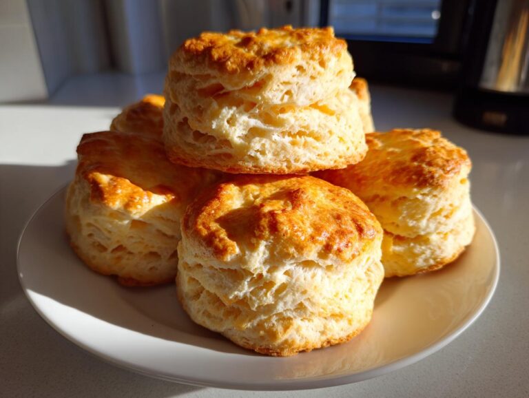 A stack of golden-brown, flaky buttermilk biscuits piled on a white plate, beautifully lit by sunlight.