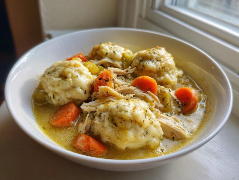 A close-up of a hearty bowl of chicken and dumplings, featuring fluffy dumplings, shredded chicken, and bright orange carrots in a savory broth.