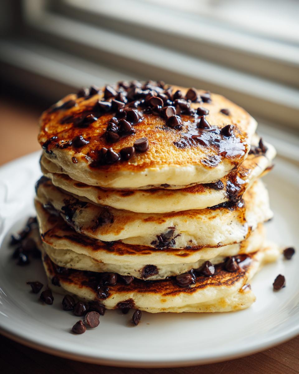 A tall stack of fluffy chocolate chip pancakes topped with melted chocolate chips.