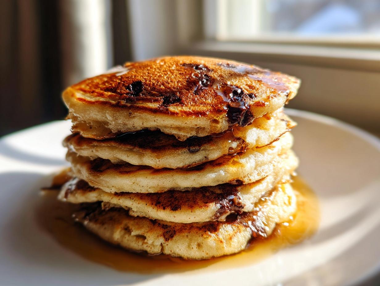 A tall stack of five fluffy chocolate chip pancakes drizzled with syrup, sitting on a white plate.