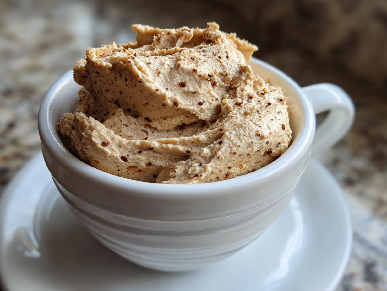 Close-up of fluffy, whipped cinnamon butter with visible spice flecks served in a small white teacup.
