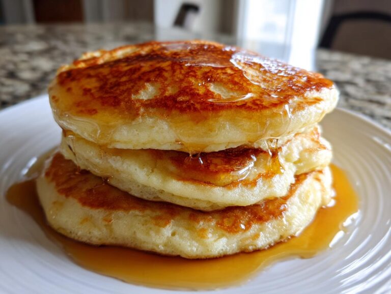 A tall stack of three golden-brown coconut flour pancakes drizzled generously with maple syrup.
