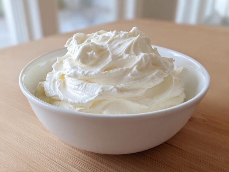 A close-up of fluffy, whipped cream cheese fruit dip served in a white bowl on a wooden surface.