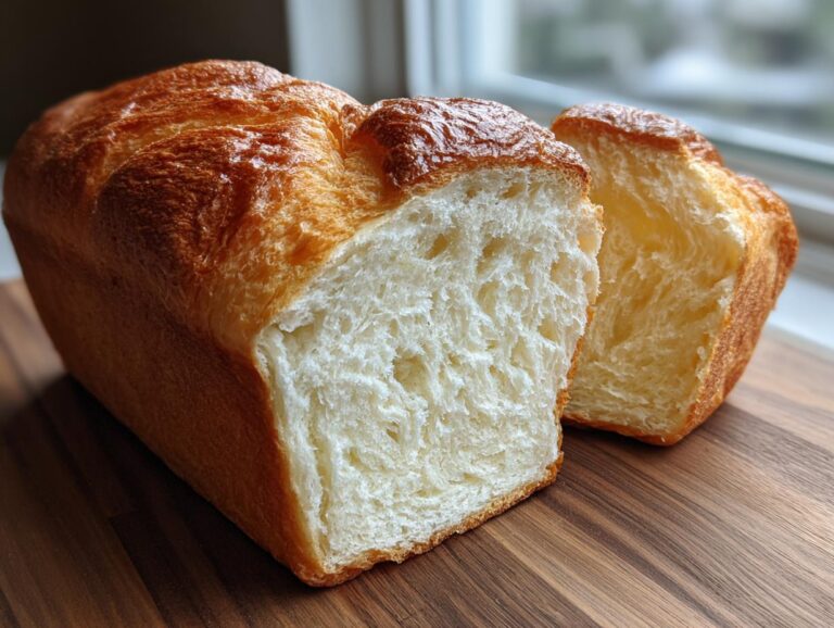 A freshly baked loaf of japanese milk bread, sliced to show its incredibly soft, white, and fluffy interior crumb.