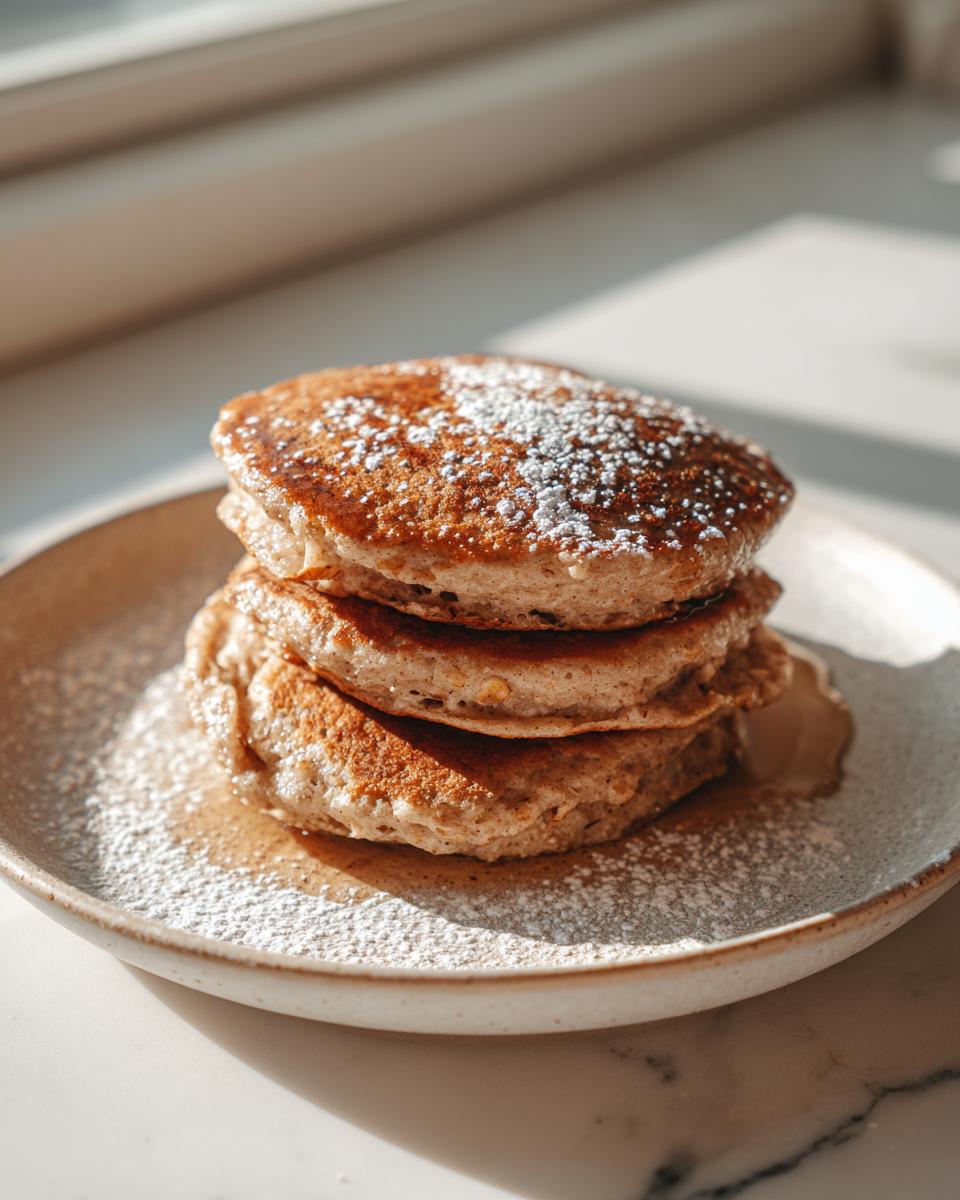 A stack of three fluffy oatmeal pancakes drizzled with syrup and dusted with powdered sugar.