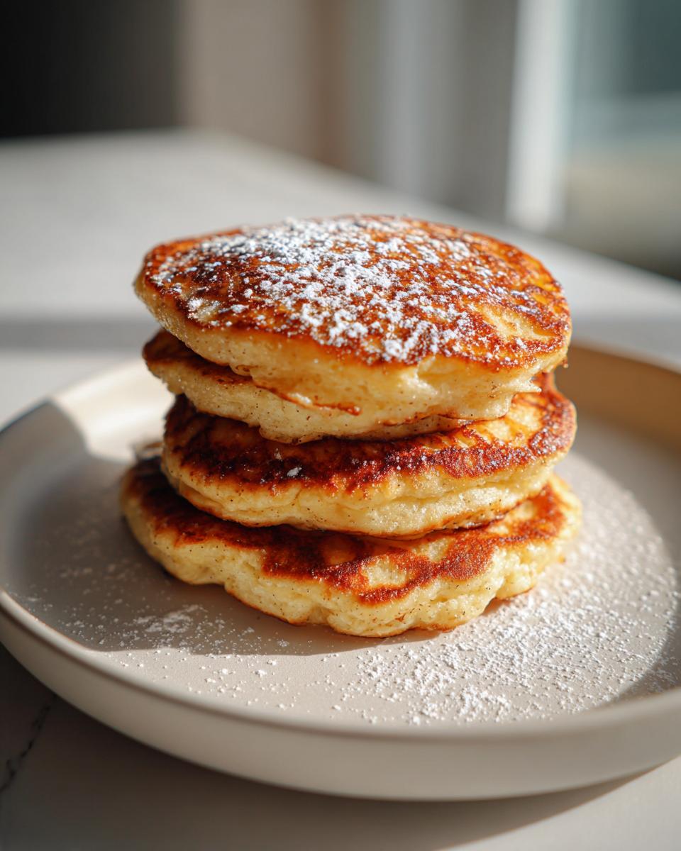 A stack of three fluffy oatmeal pancakes dusted generously with powdered sugar on a light beige plate.