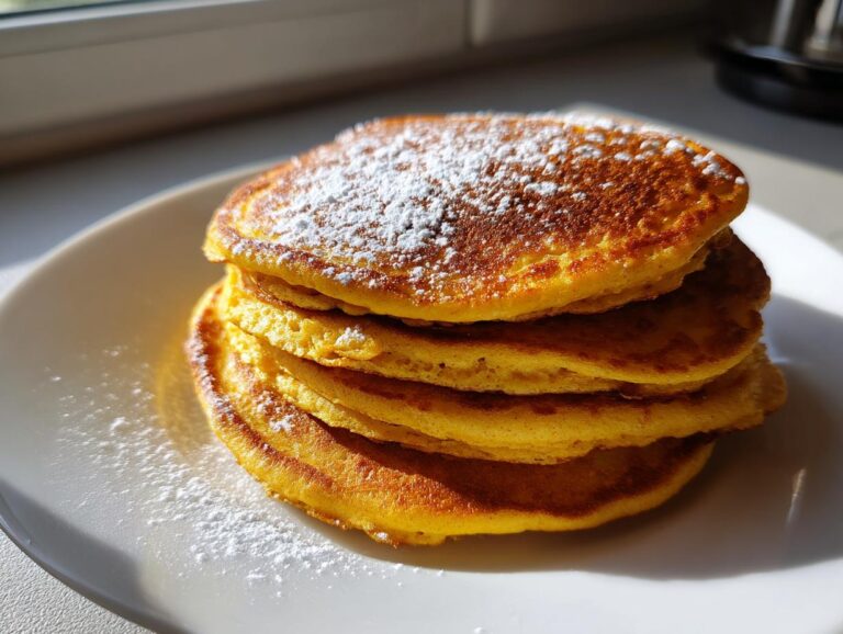 A tall stack of fluffy, golden oatmeal pancakes dusted with powdered sugar on a white plate.