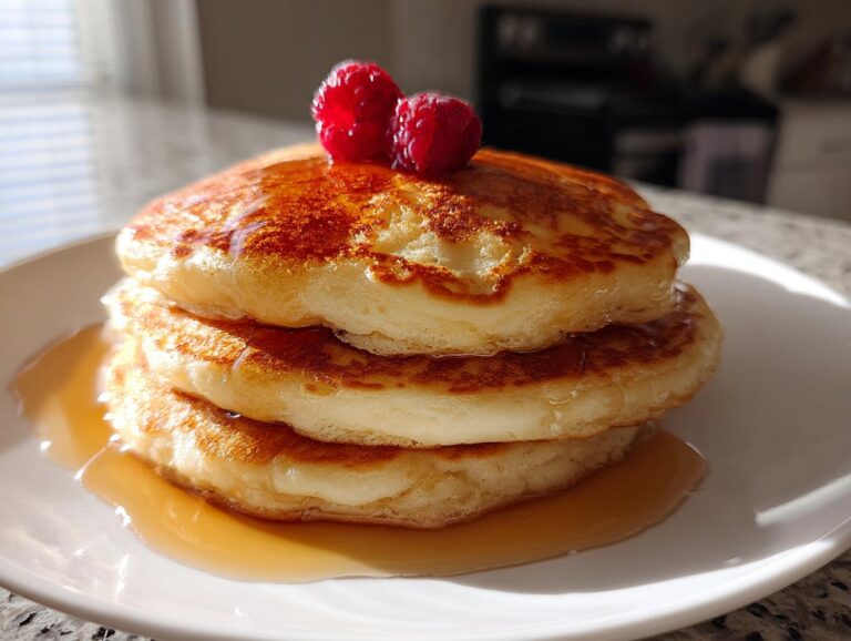 A stack of three fluffy pancakes drizzled with syrup and topped with two fresh raspberries.