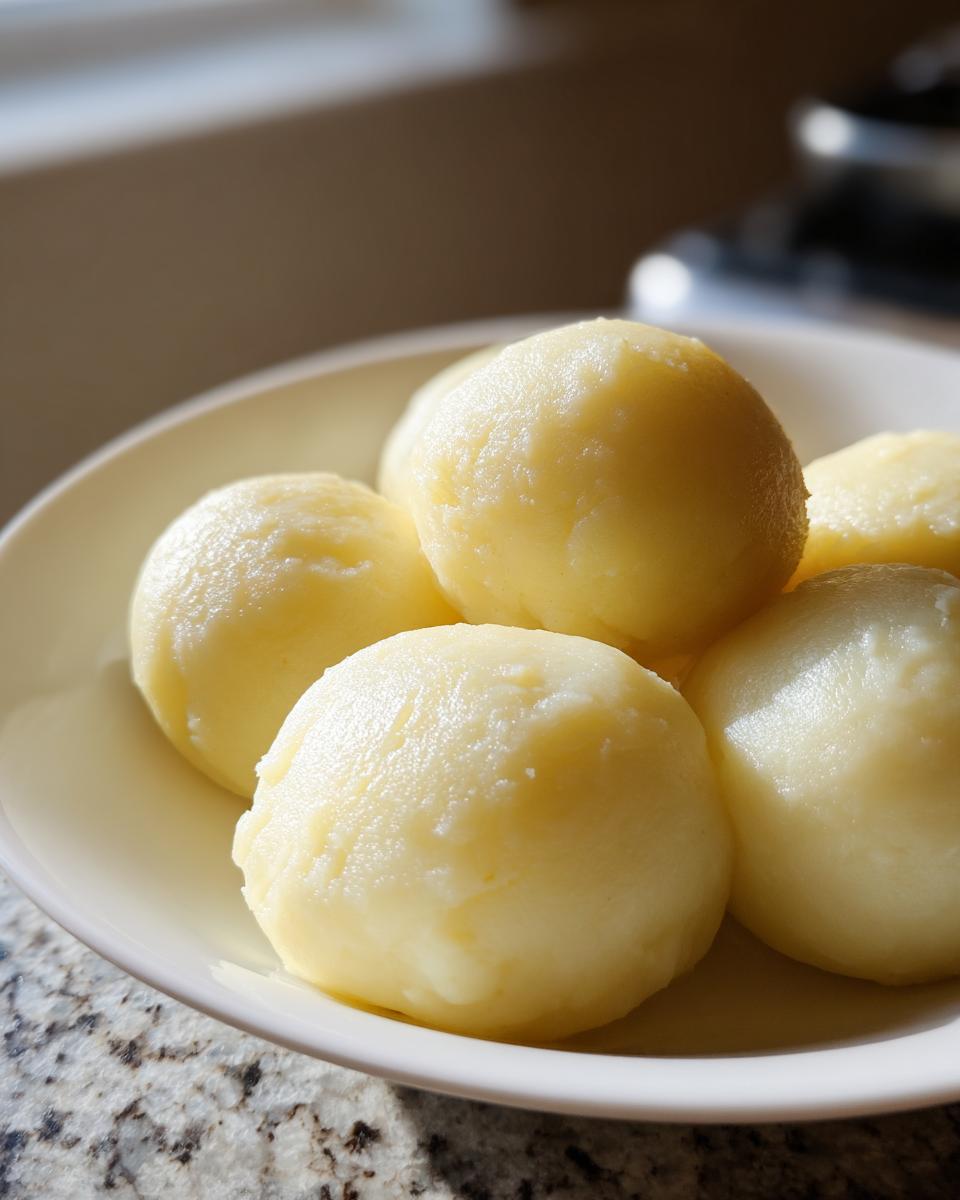 A close-up of several fluffy, pale yellow potato dumplings served in a light-colored bowl.