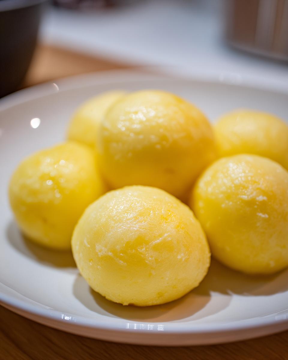A close-up shot of several fluffy, golden yellow potato dumplings served on a white plate.