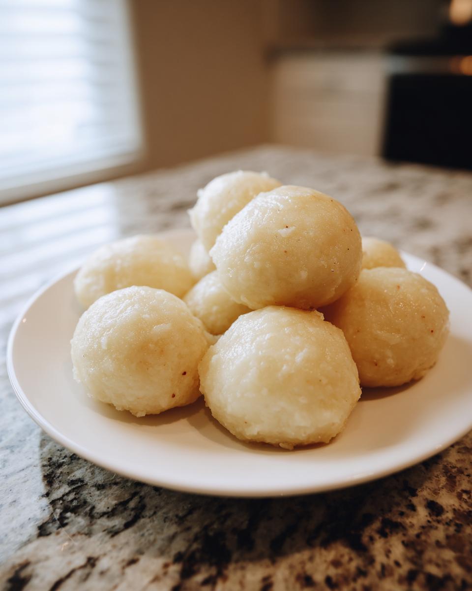 A pile of freshly made, fluffy potato dumplings served on a small white plate.