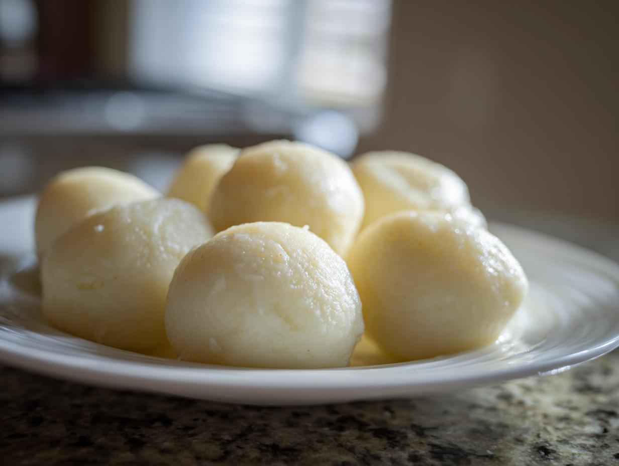 Close-up of several fluffy potato dumplings resting in a light sauce on a white plate.