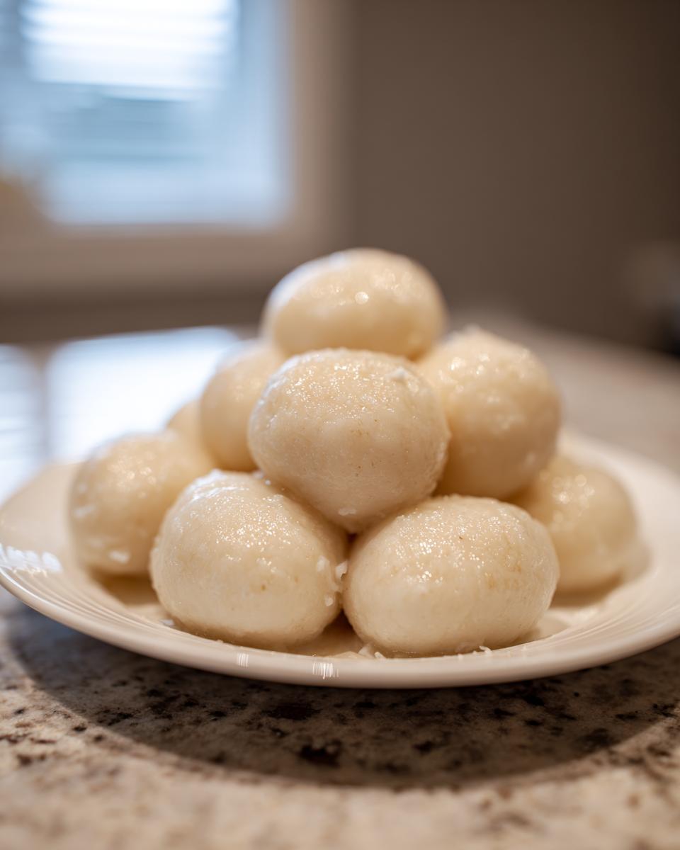 A close-up of a stack of freshly made, glistening potato dumplings served on a white plate.