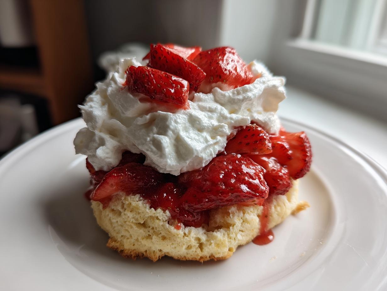 Close-up of a fluffy biscuit shortcake topped with macerated strawberries and whipped cream.