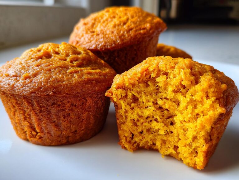 Close-up of fluffy sweet potato muffins, one is broken open showing the moist interior texture.