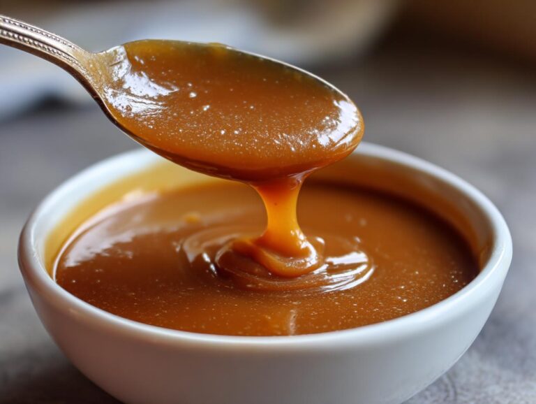 Close-up of rich, brown turkey gravy being scooped from a white bowl with a decorative spoon.