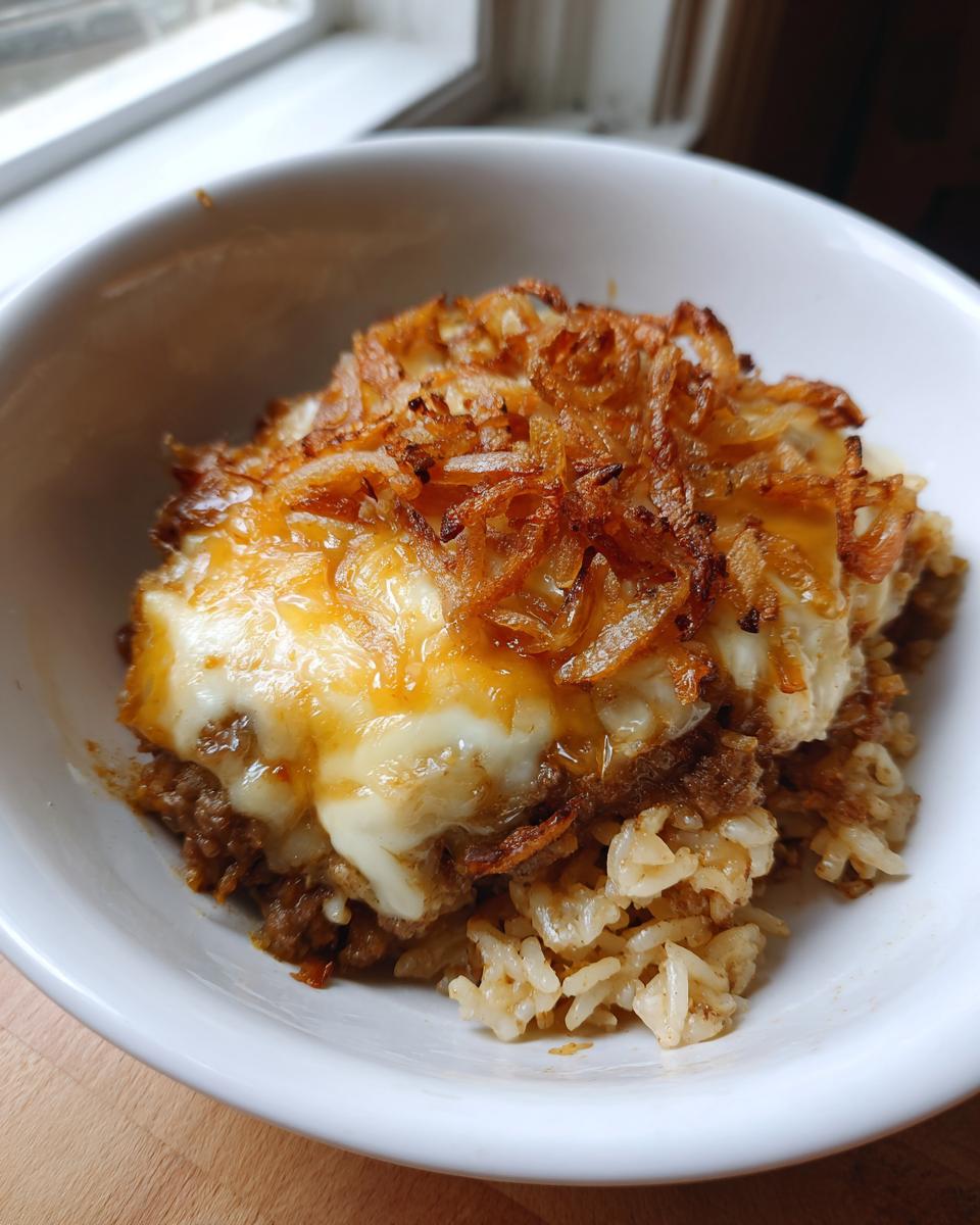A close-up of a serving of French onion ground beef and rice casserole topped with melted cheese and crispy fried onions.
